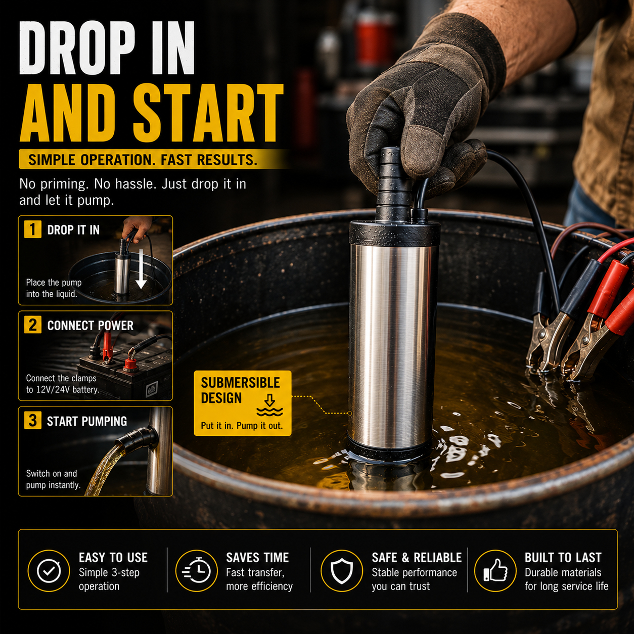 Portable Submersible Pump, DC 12V, Ideal for Diesel, Kerosene & Water - Lightweight, Easy Install, 3m Wire, Coal Oil, Small Size