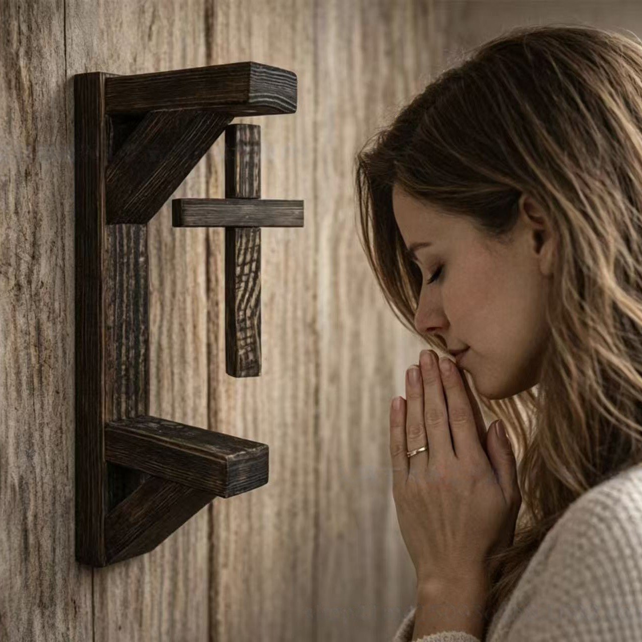 ✝️ Rustic Floating Wooden Cross Wall Shelf