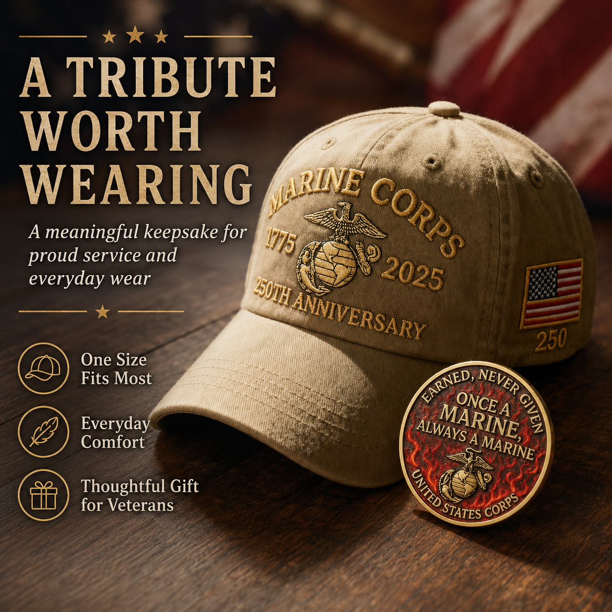 250th USMC Retro Embroidered Cover🎁 Free Honor Coin With Every Cap Purchase