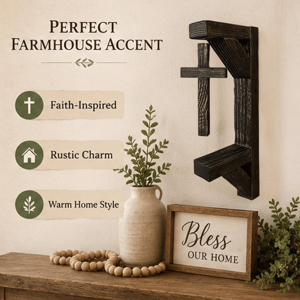 ✝️ Rustic Floating Wooden Cross Wall Shelf