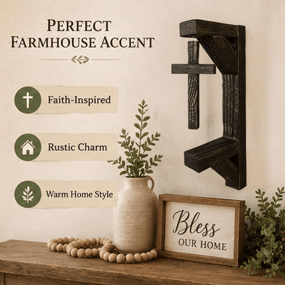 ✝️ Rustic Floating Wooden Cross Wall Shelf