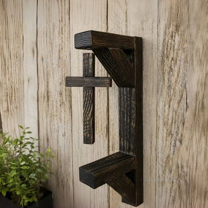 ✝️ Rustic Floating Wooden Cross Wall Shelf