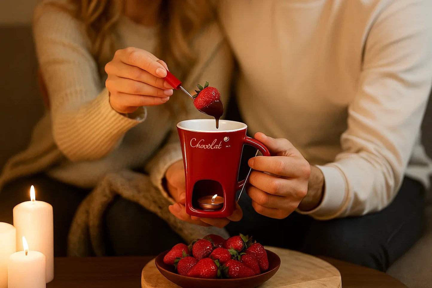 Ceramic Fondue Set – Chocolate, Cheese & Butter Melting Pot with Fork and Tealight Candle