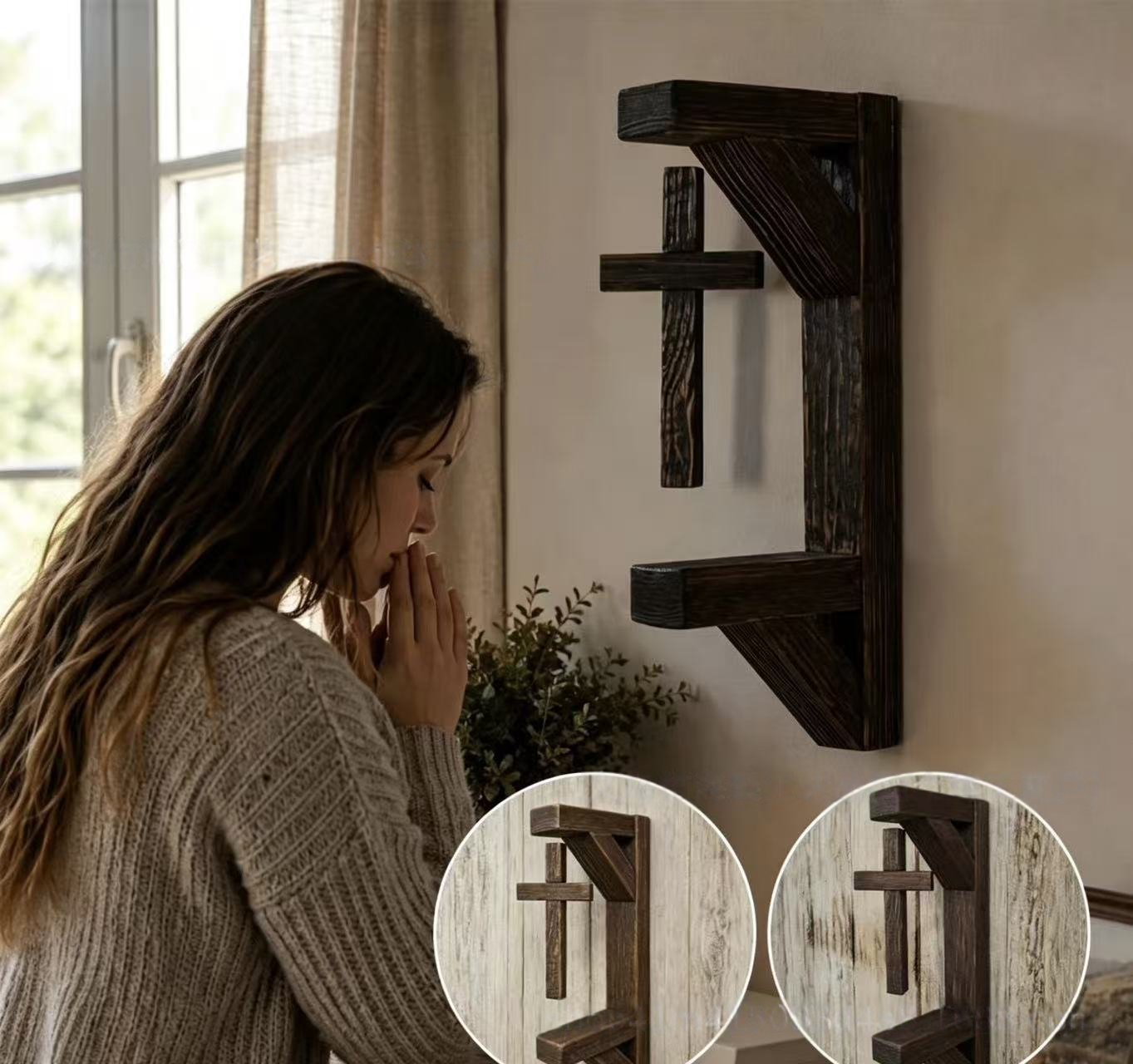 ✝️ Rustic Floating Wooden Cross Wall Shelf