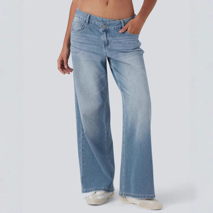 🔥Asymmetric Low Rise Zipper Pockets Baggy Wide Leg Washed Casual Jeans