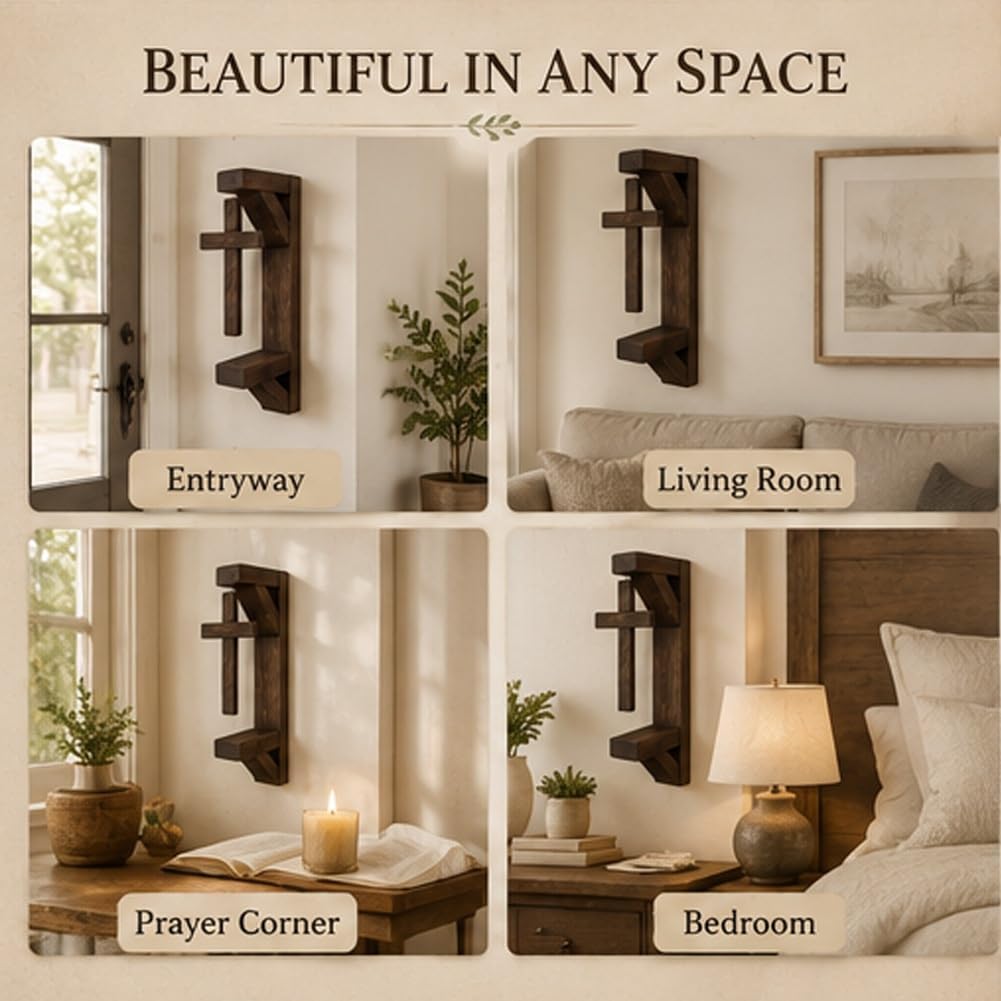 ✝️ Rustic Floating Wooden Cross Wall Shelf