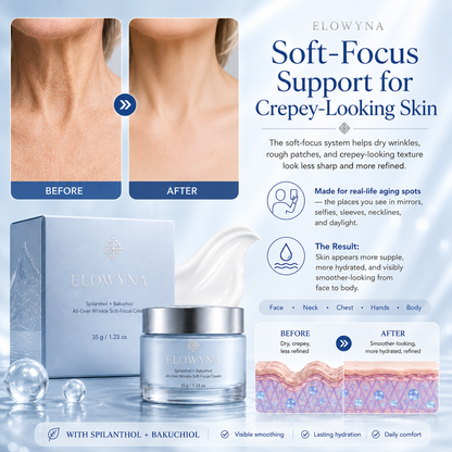 🧠👩‍🔬 Elowyna™ Spilanthol + Bakuchiol All-Over Wrinkle Soft-Focus Cream – Face, Neck, Chest, Hands & Crepey Skin – Smooth, Firm & Blur – 70% OFF Today