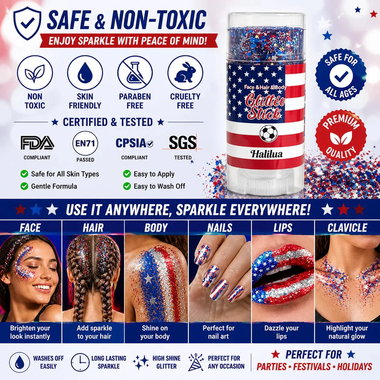 🎁LAST DAY 50% OFF-🦅4th of July Glitter Stick✨🔔Red, White & Blue Body & Hair Sparkle