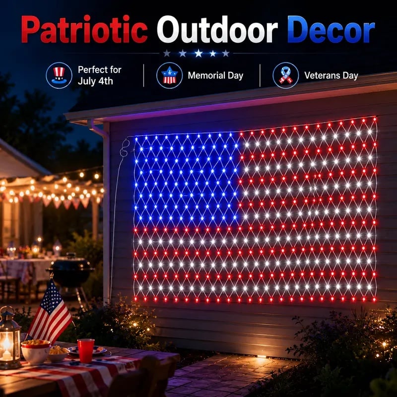 Solar American Flag Lights Outdoor American Flag Net Lights 6.5ft x 3.28ft Super Bright