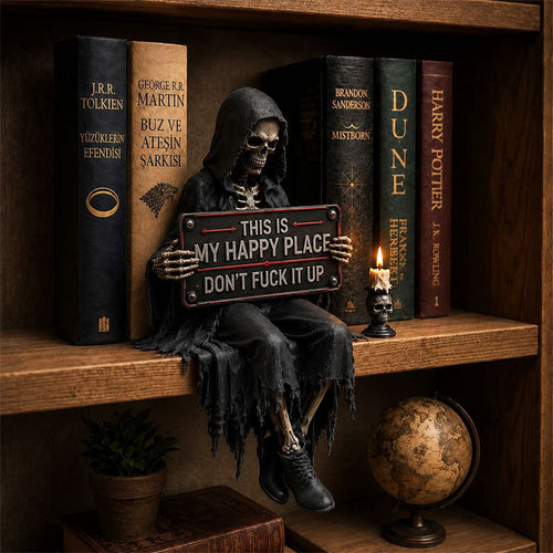 “This Is My Happy Place” Skeleton Bookshelf Decor