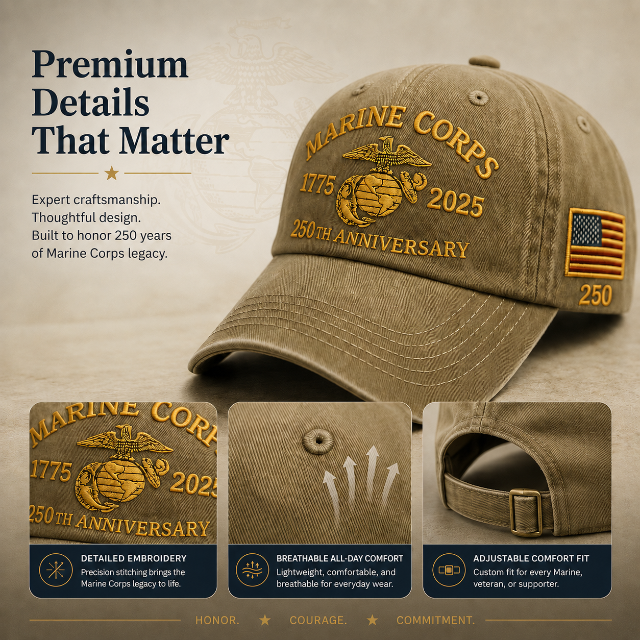 250th USMC Retro Embroidered Cover🎁 Free Honor Coin With Every Cap Purchase