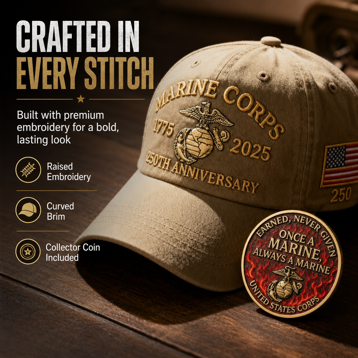 250th USMC Retro Embroidered Cover🎁 Free Honor Coin With Every Cap Purchase