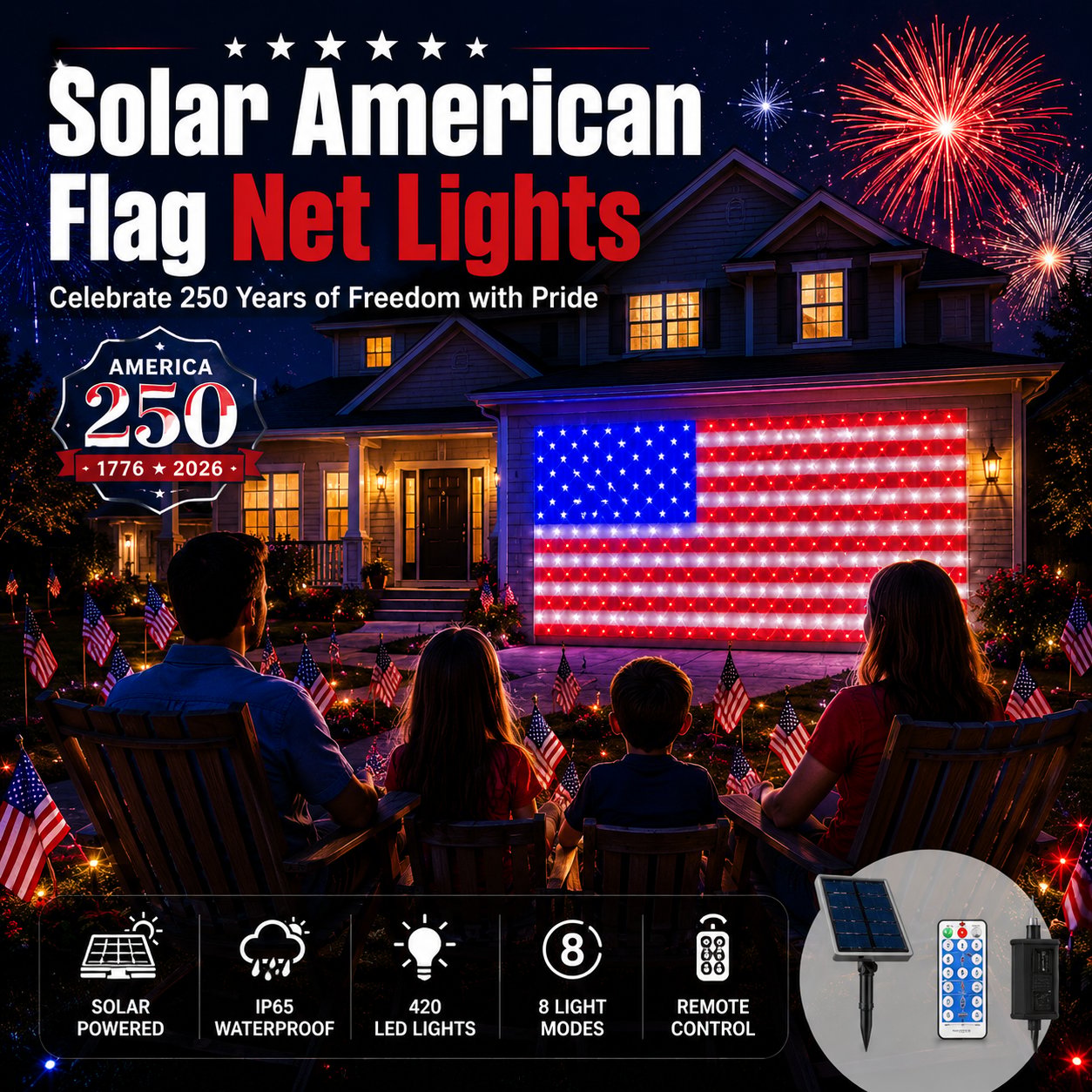 💙 Land of the Free Glow ✨ 49% OFF-Solar American Flag Net Lights