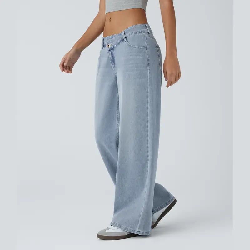 🔥Asymmetric Low Rise Zipper Pockets Baggy Wide Leg Washed Casual Jeans