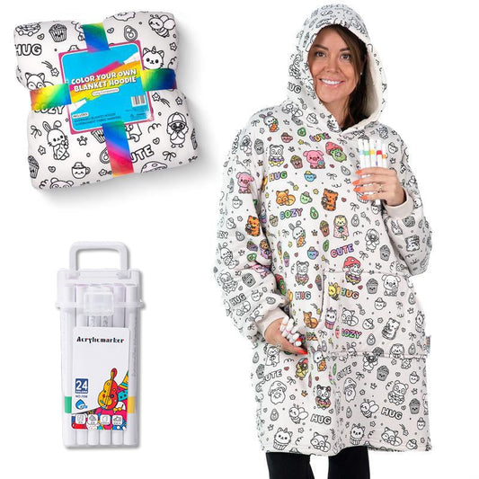 🎨🖌️Cozy Companions Color-Your-Own Blanket Hoodie With 24 Permanent Fabric Makers