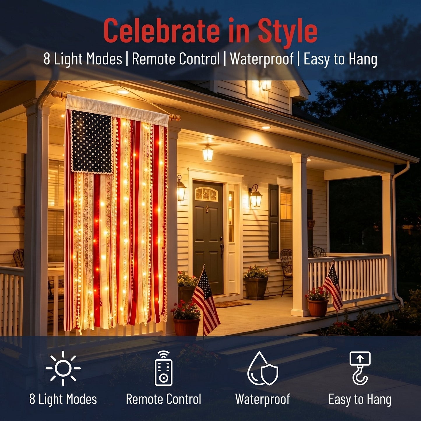 Lighted Rag American Flag Banner