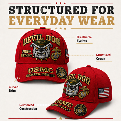 🔥 Father’s Day Sale - ❤️ Handmade Embroidered Devil Dog USMC 250th Birthday Commemorative Cap 🇺🇸