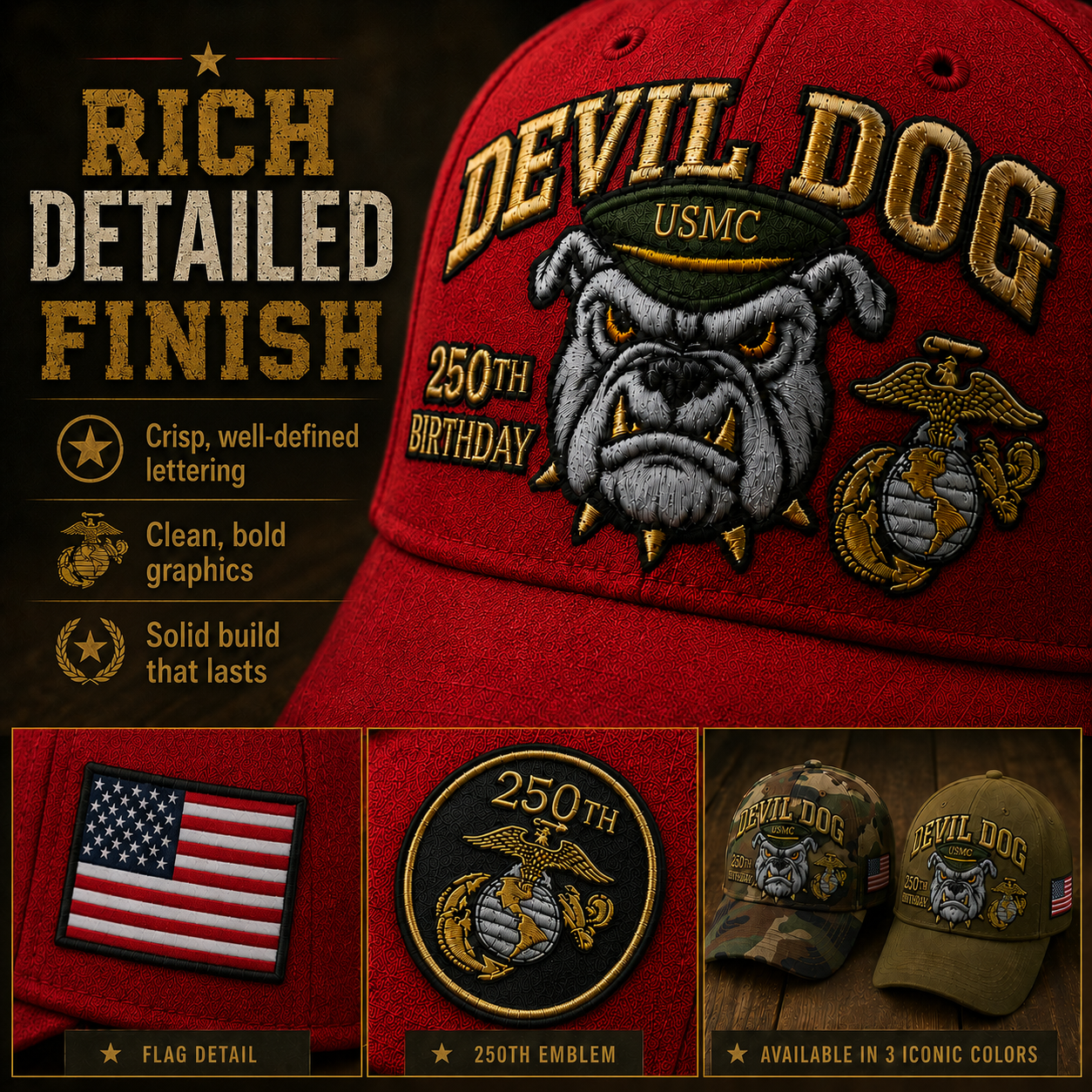 🔥 Father’s Day Sale - ❤️ Handmade Embroidered Devil Dog USMC 250th Birthday Commemorative Cap 🇺🇸