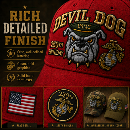 🔥 Father’s Day Sale - ❤️ Handmade Embroidered Devil Dog USMC 250th Birthday Commemorative Cap 🇺🇸