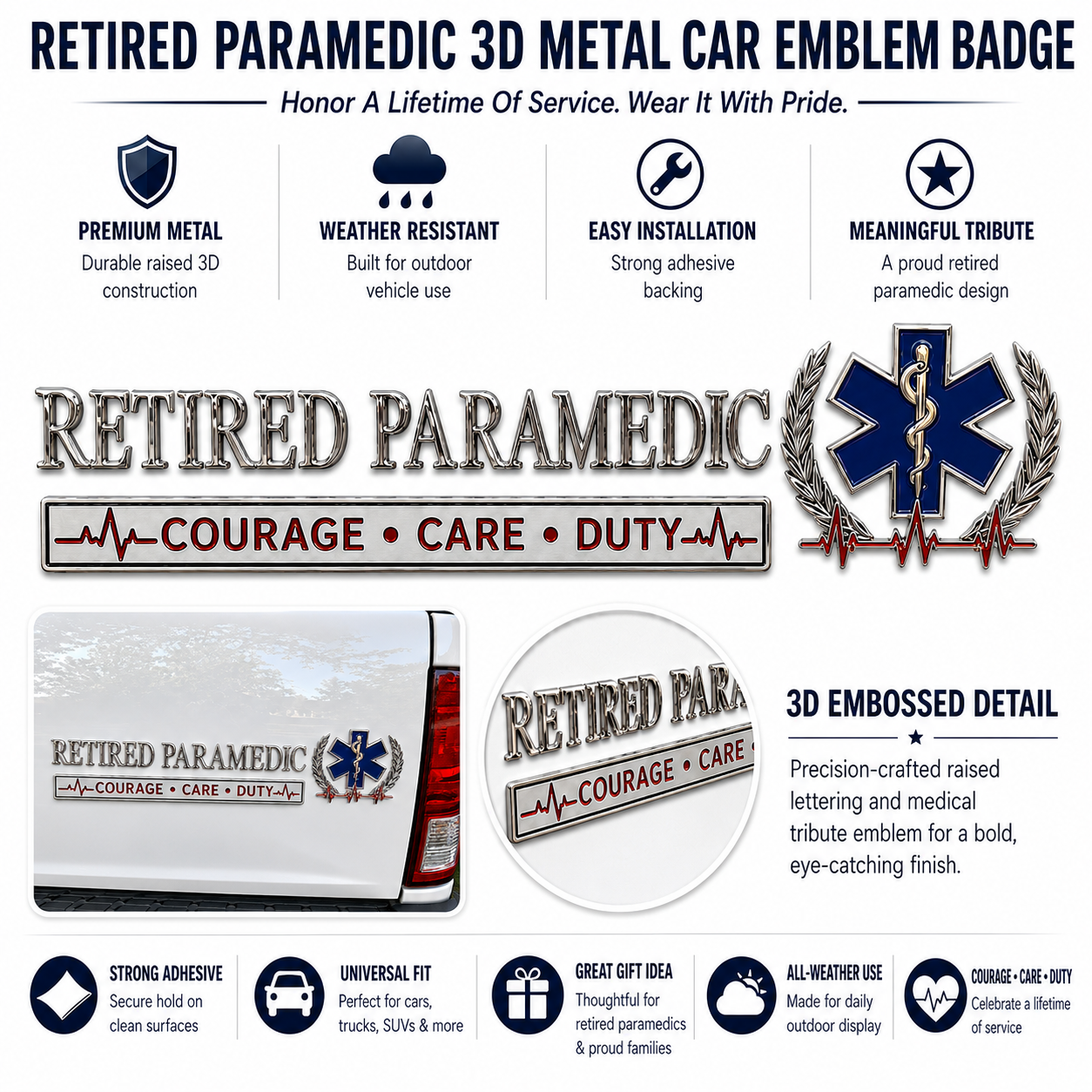 🚑 Retired Paramedic Courage Care Duty Metal Car Emblem Badge