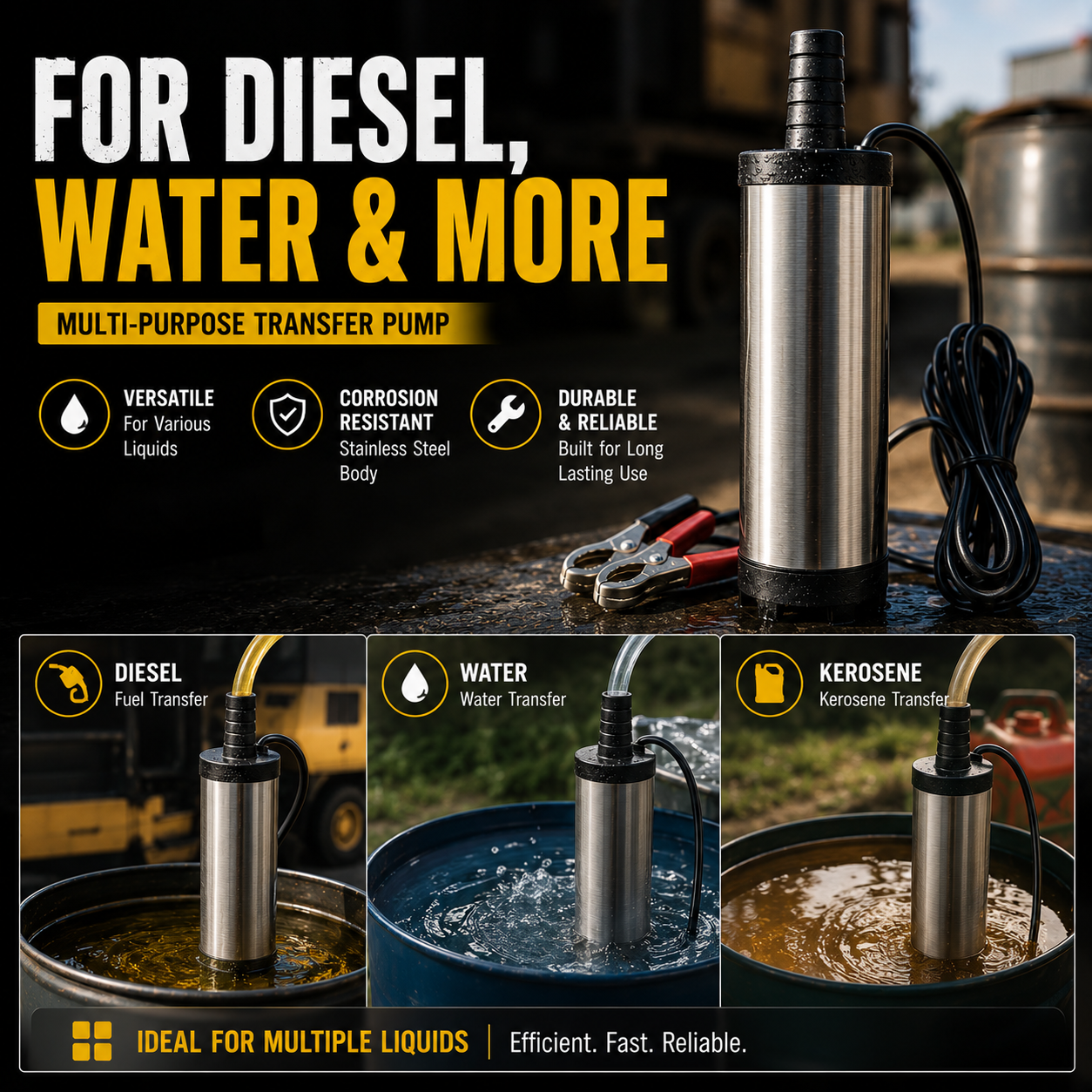 Portable Submersible Pump, DC 12V, Ideal for Diesel, Kerosene & Water - Lightweight, Easy Install, 3m Wire, Coal Oil, Small Size