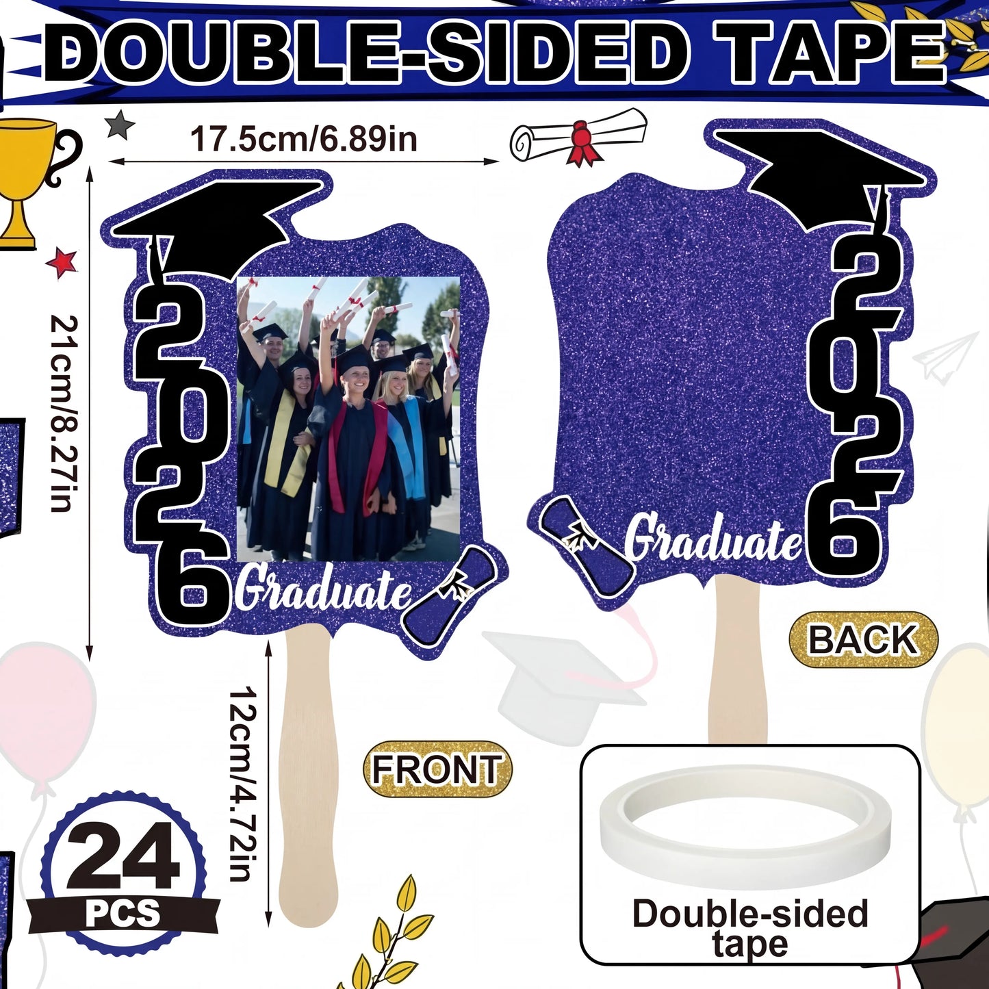 Class of 2026 Graduation Fans with Handle | Double Sided DIY Grad Photo Props