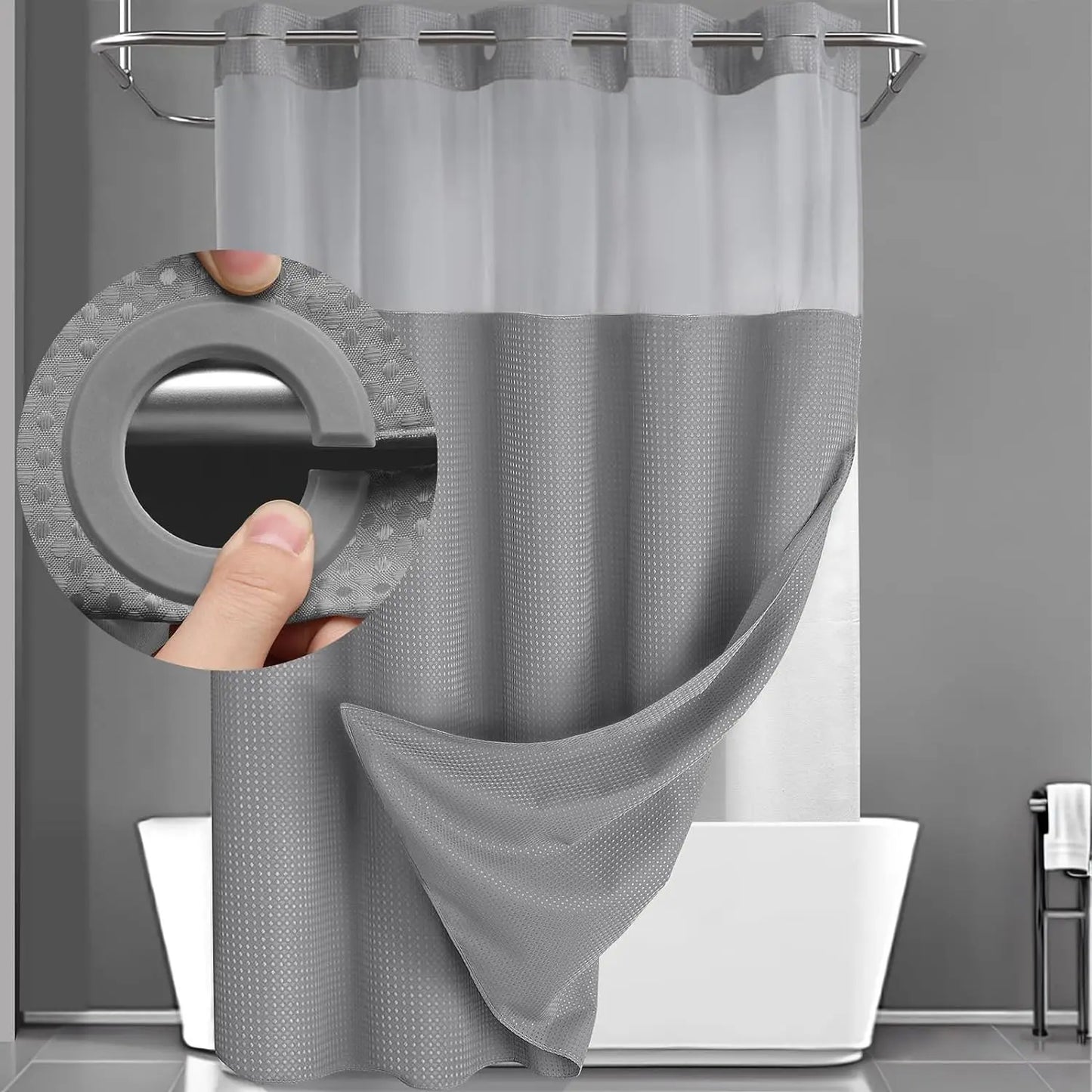 No Hook Shower Curtain with Snap-In Liner
