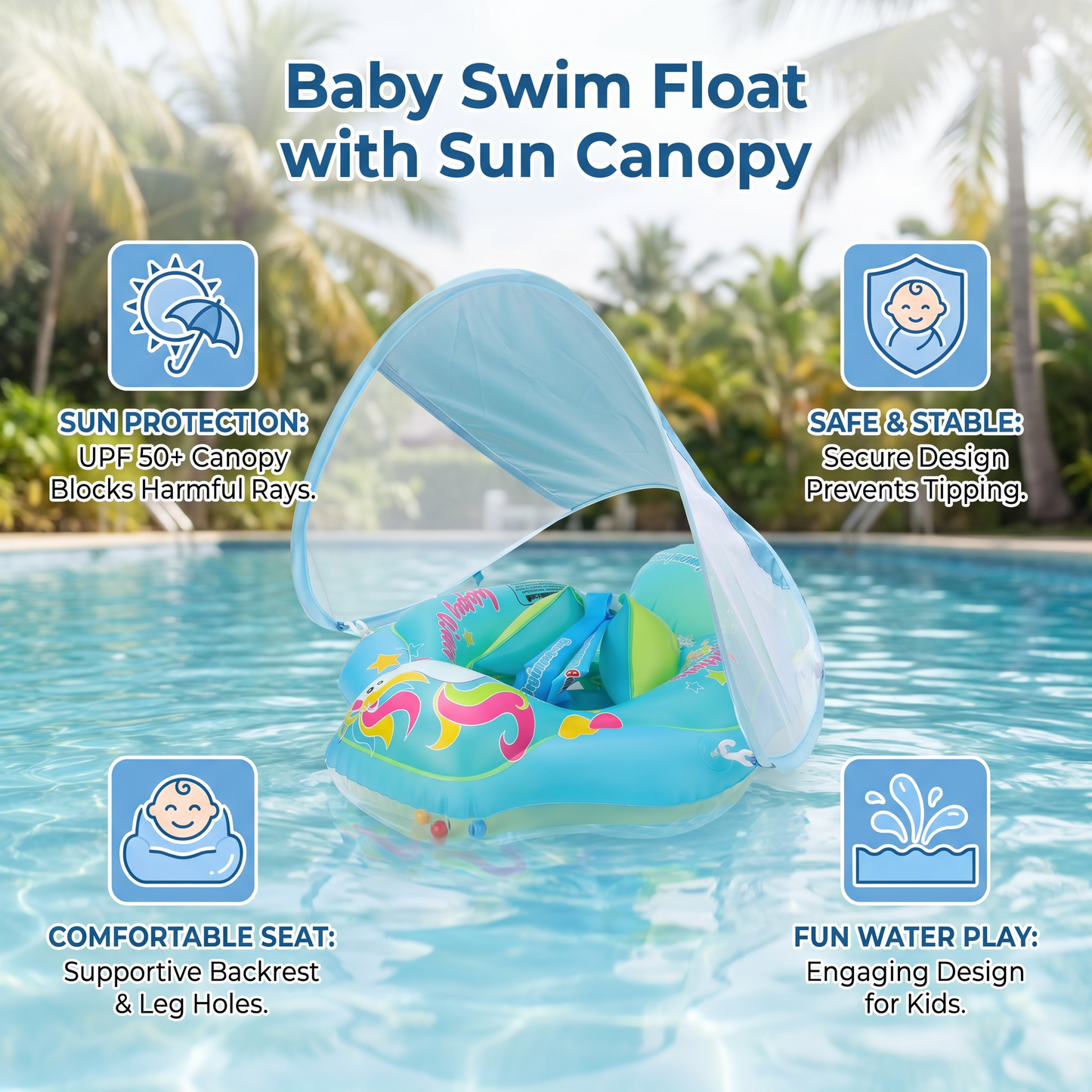 Baby Swim Float with Sun Canopy – Inflatable Infant Swimming Ring for Safe Water Fun