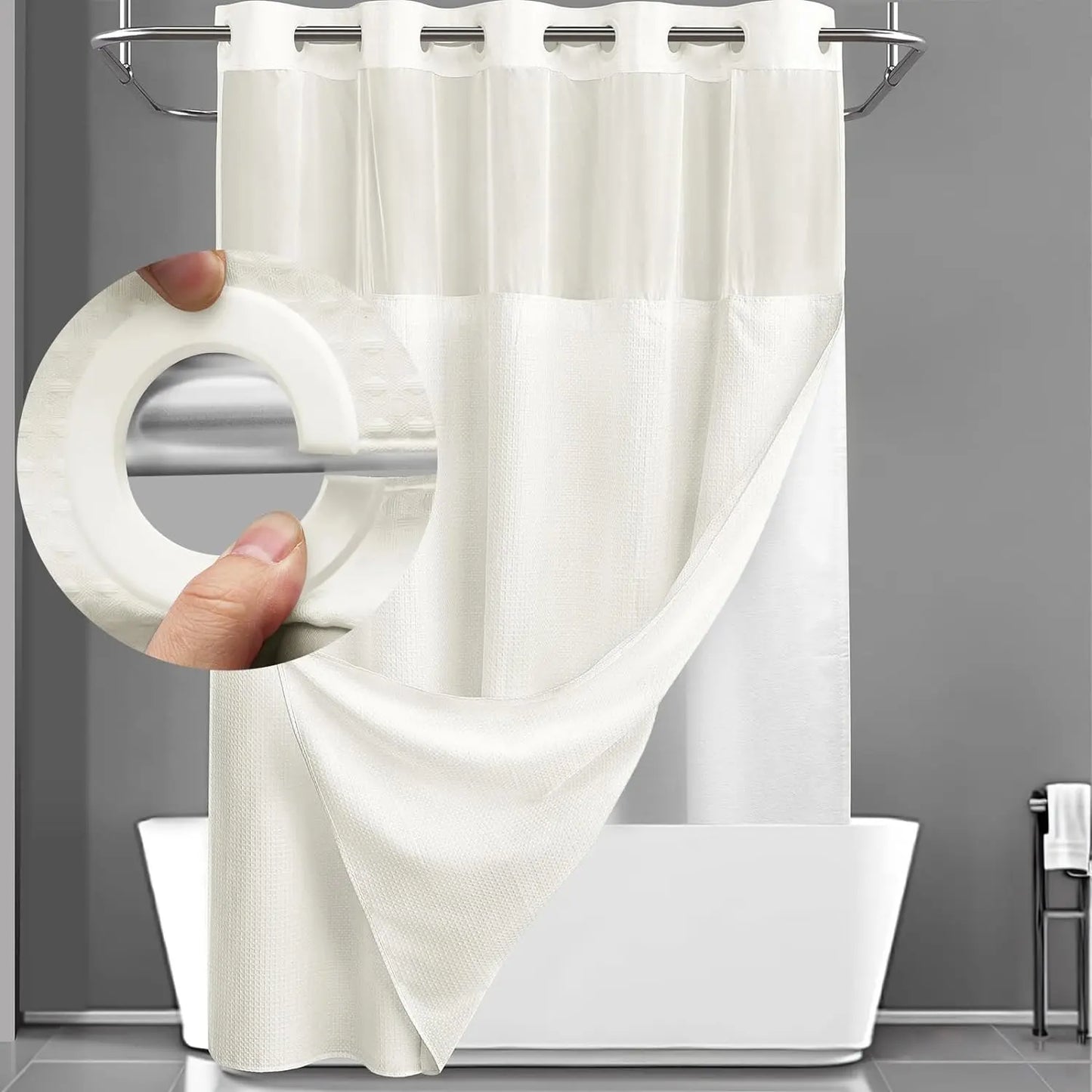 No Hook Shower Curtain with Snap-In Liner
