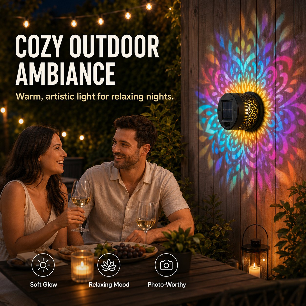 Solar Mandala Wall Light Outdoor Garden Fence Projector Lamp Patio Ambient Decor