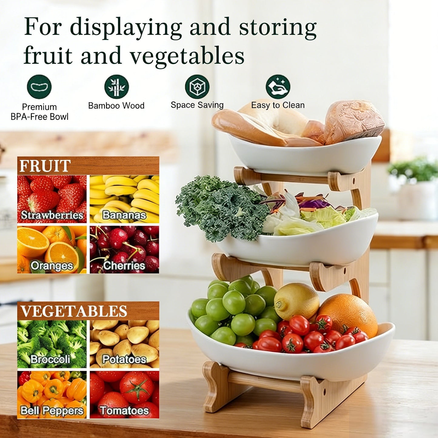 🍓2-Tier / 3-Tier Fruit Basket. Countertop Fruit Bowl(Includes Stand