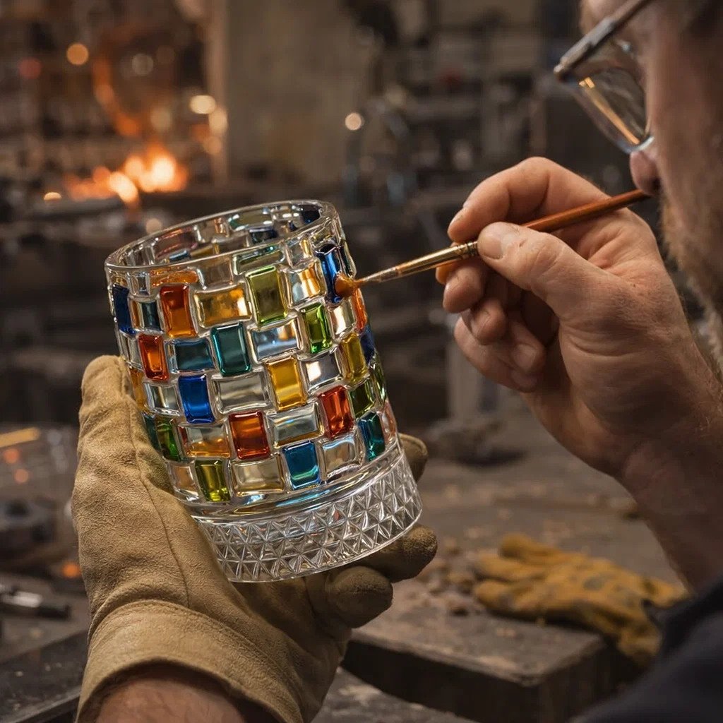 Hand-Painted Embossed Rotating Whiskey Glass – Minimal Luxury Crystal Tumbler with Smooth Spin Design
