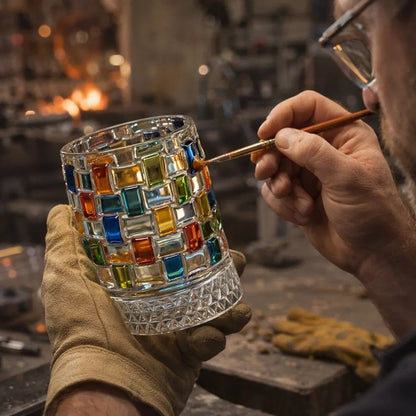 Hand-Painted Embossed Rotating Whiskey Glass – Minimal Luxury Crystal Tumbler with Smooth Spin Design