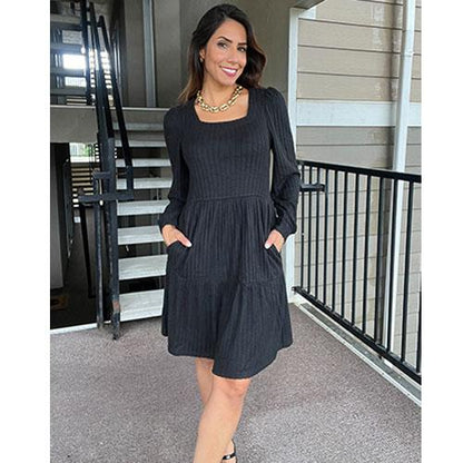 🔥Womens Square Neck Long Sleeve Fall Dresses Casual Babydoll Sweater Dress