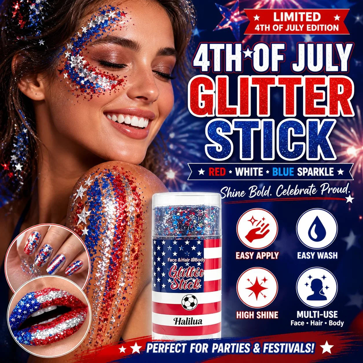 🎁LAST DAY 50% OFF-🦅4th of July Glitter Stick✨🔔Red, White & Blue Body & Hair Sparkle