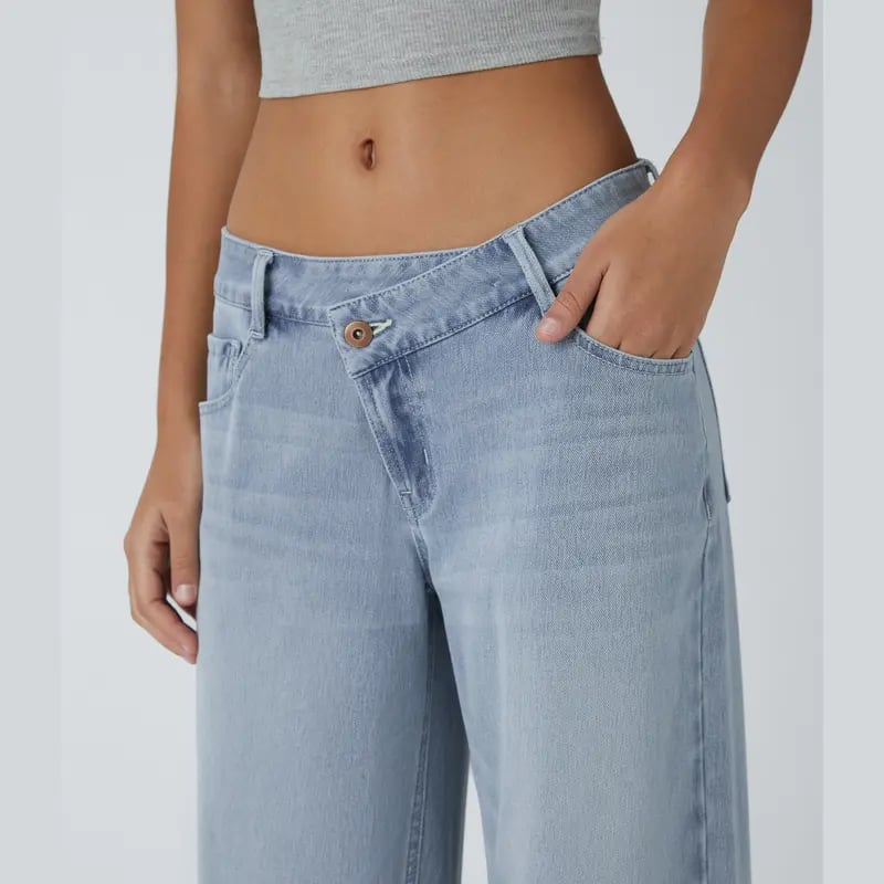 🔥Asymmetric Low Rise Zipper Pockets Baggy Wide Leg Washed Casual Jeans