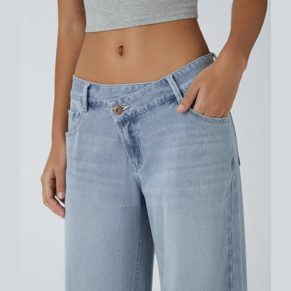 🔥Asymmetric Low Rise Zipper Pockets Baggy Wide Leg Washed Casual Jeans