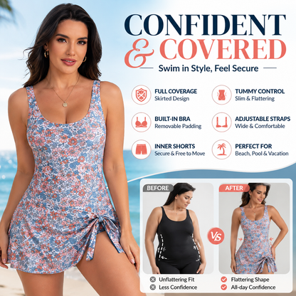 🔥Last Day 50% OFF - Women's Tummy Control Tie Knot Swimsuit with Skirt – Full Coverage & Built-in Bra – Summer Essential 🌊