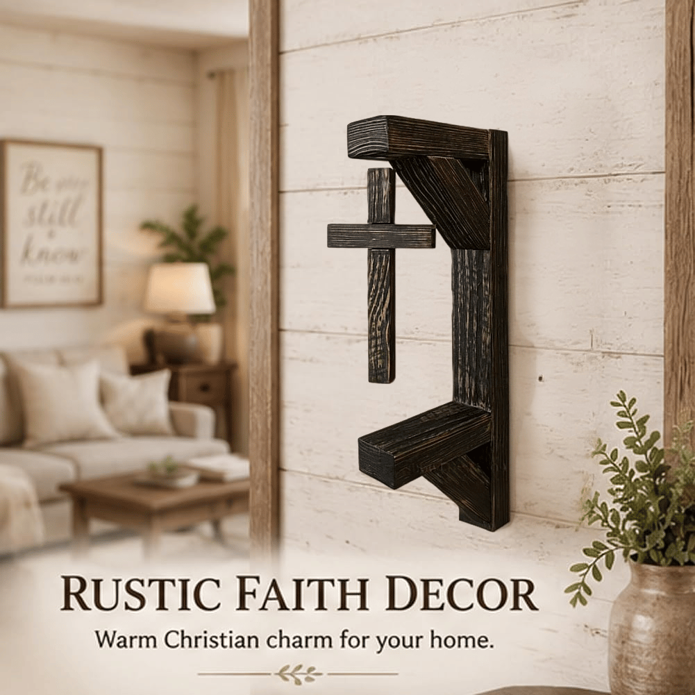 ✝️ Rustic Floating Wooden Cross Wall Shelf