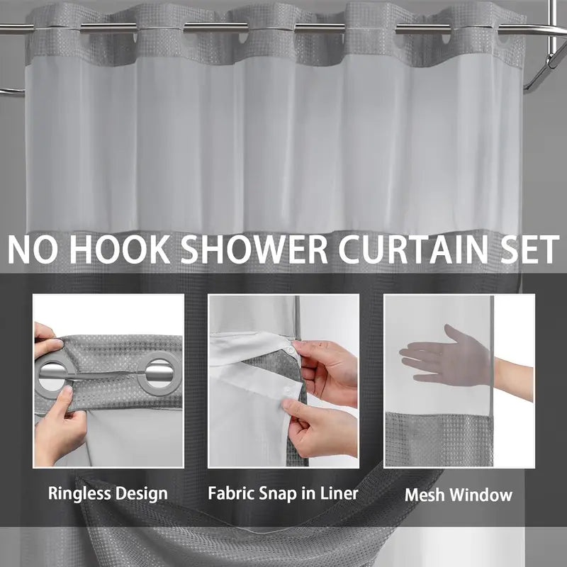 No Hook Shower Curtain with Snap-In Liner