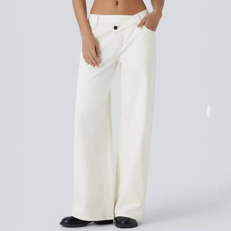 🔥Asymmetric Low Rise Zipper Pockets Baggy Wide Leg Washed Casual Jeans