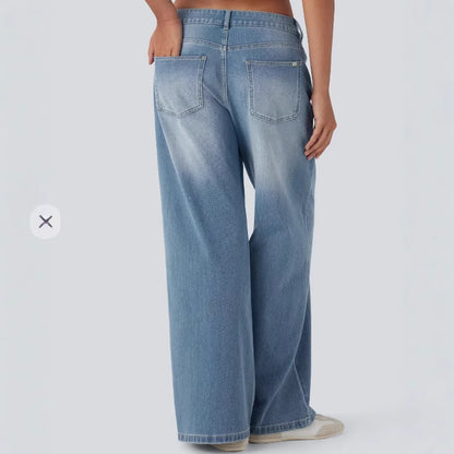 🔥Asymmetric Low Rise Zipper Pockets Baggy Wide Leg Washed Casual Jeans