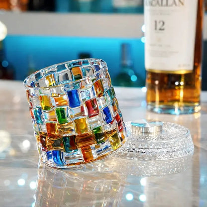 Hand-Painted Embossed Rotating Whiskey Glass – Minimal Luxury Crystal Tumbler with Smooth Spin Design