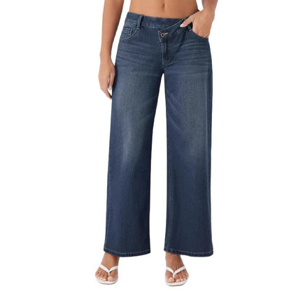 🔥Asymmetric Low Rise Zipper Pockets Baggy Wide Leg Washed Casual Jeans
