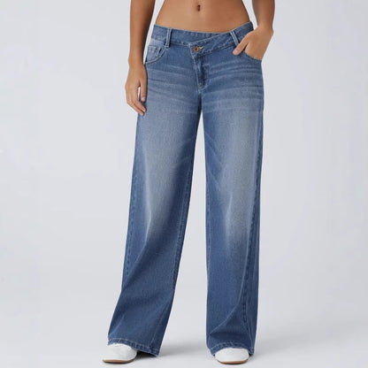 🔥Asymmetric Low Rise Zipper Pockets Baggy Wide Leg Washed Casual Jeans
